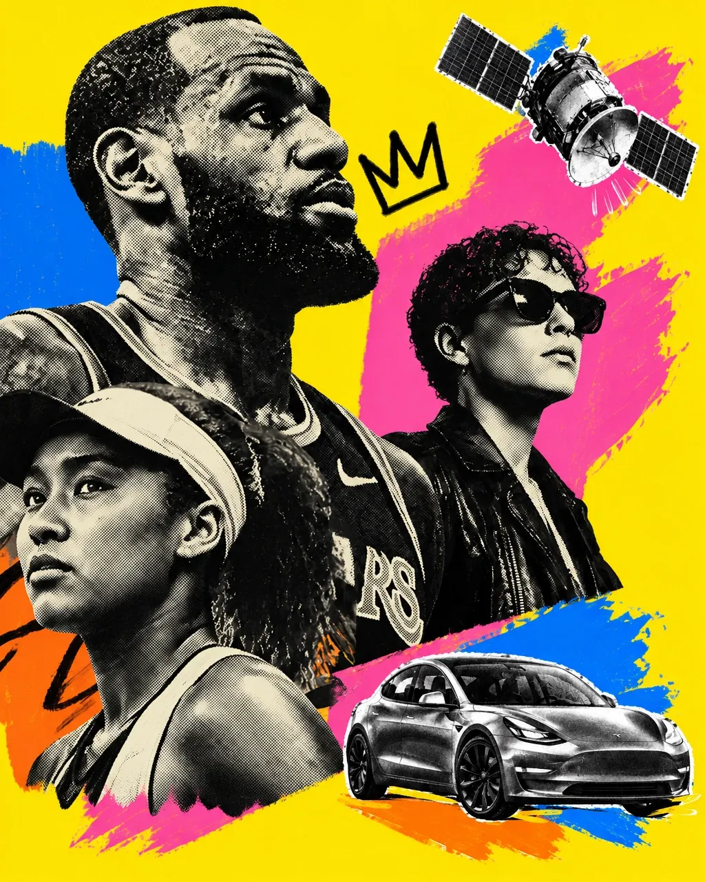 Editorial collage featuring LeBron James and Naomi Osaka with a satellite and electric car, in vivid yellow, blue and pink